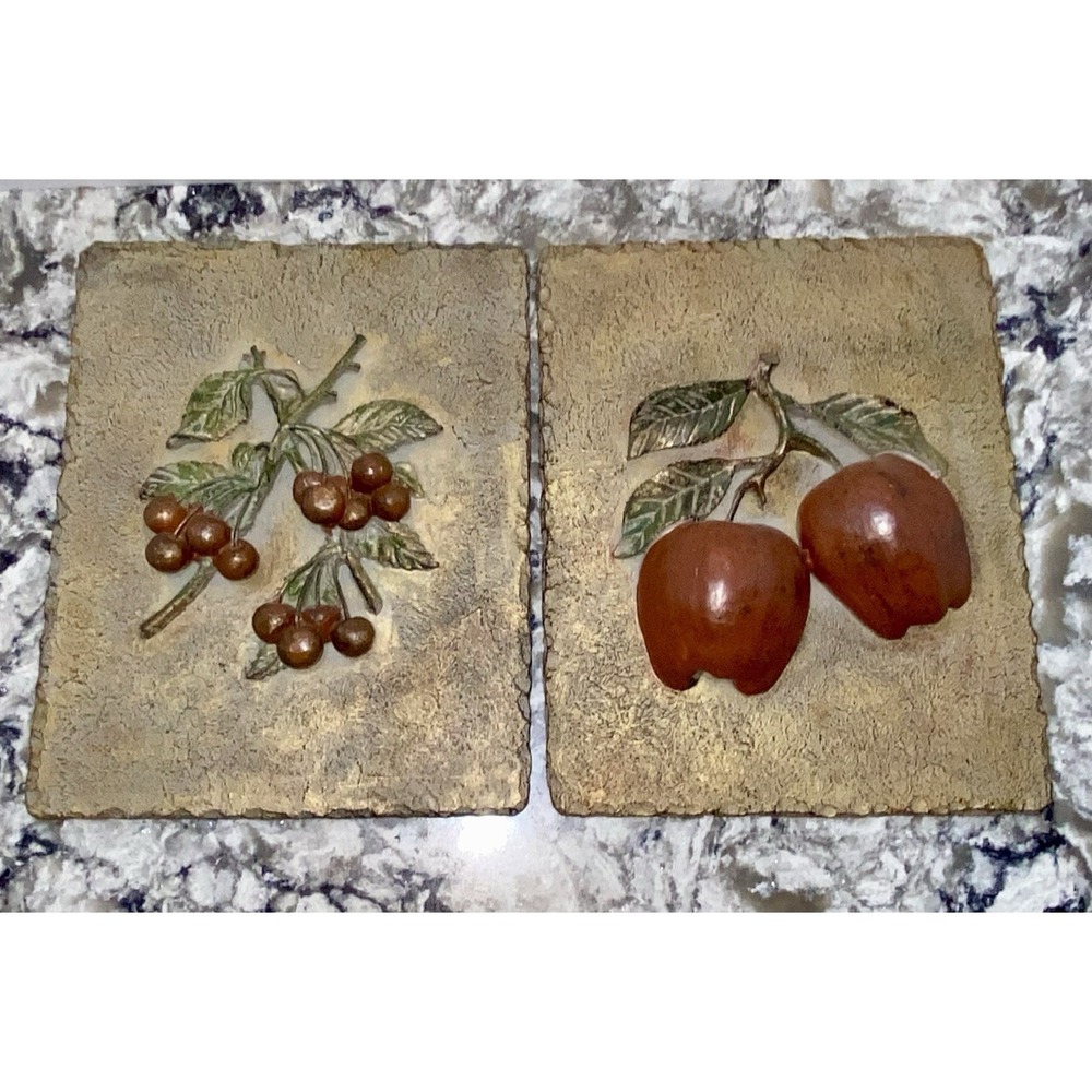 Set Of 2 Kirklands 3D Plaque Grapes & Apples Wall Art Gold Dusted Kitchen Decor